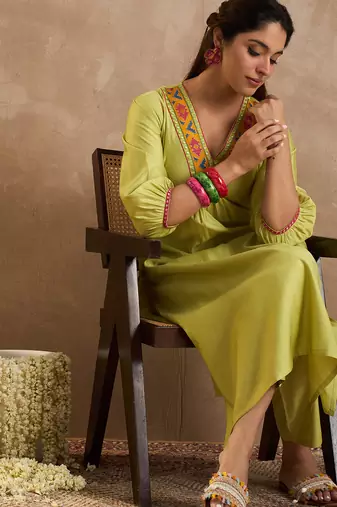 Olive embroidered liva kurta trouser set
