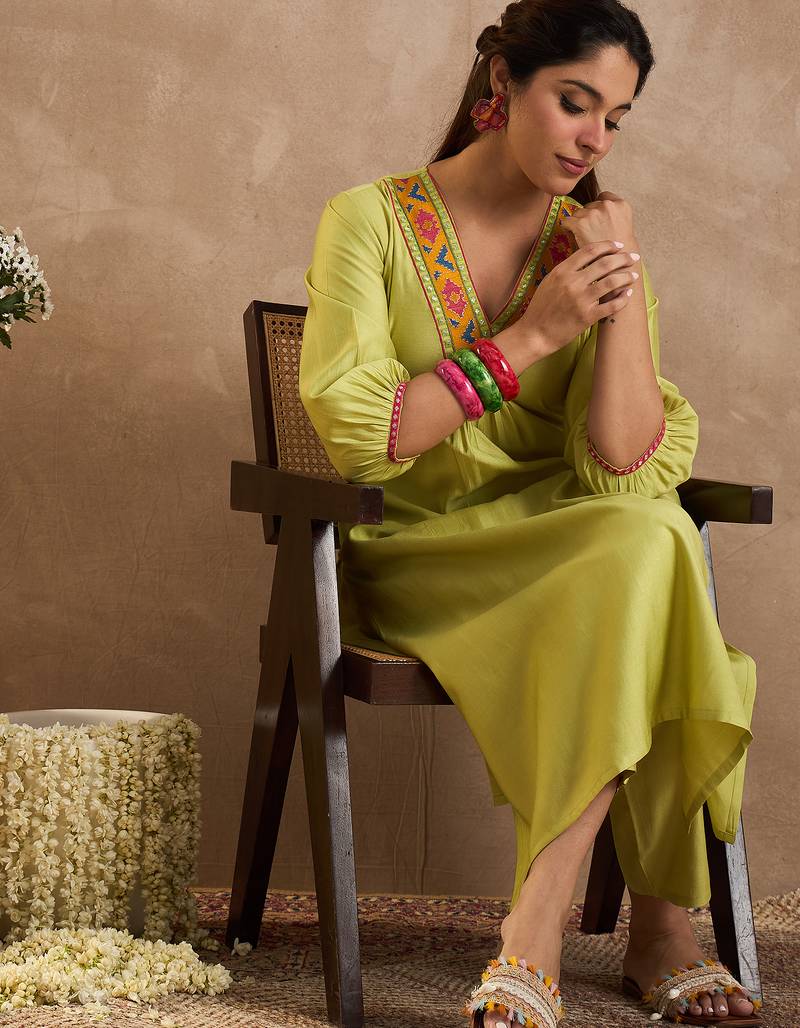 Olive embroidered liva kurta trouser set