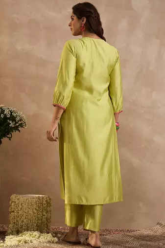 Olive embroidered liva kurta trouser set