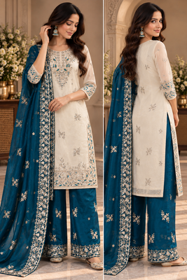 Cream and teal embroidered suit 4