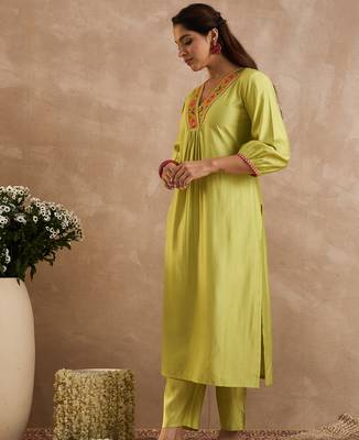 Olive embroidered liva kurta trouser set 3