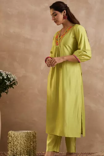 Olive embroidered liva kurta trouser set