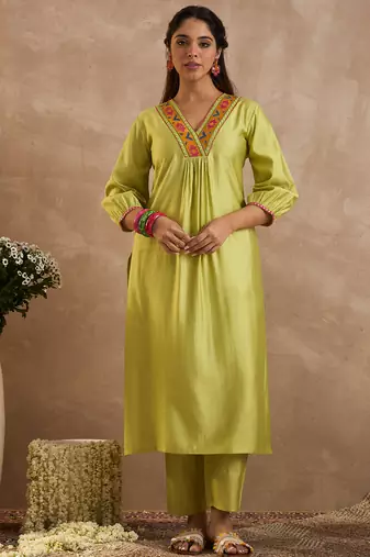 Olive embroidered liva kurta trouser set