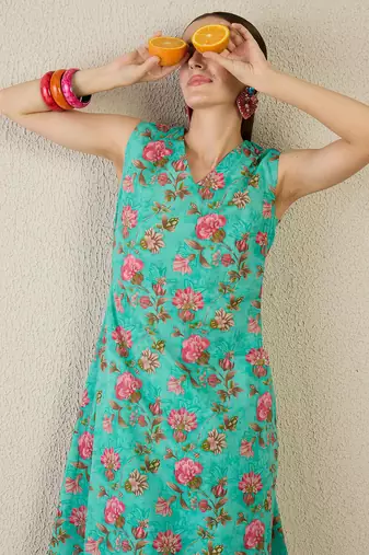 Green printed pure cotton kurta trouser set