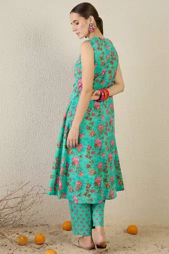 Green printed pure cotton kurta trouser set