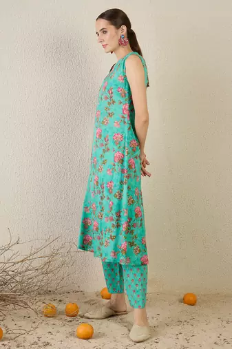 Green printed pure cotton kurta trouser set