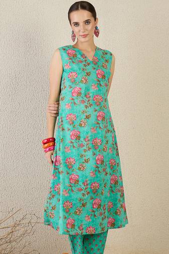 Green printed pure cotton kurta trouser set