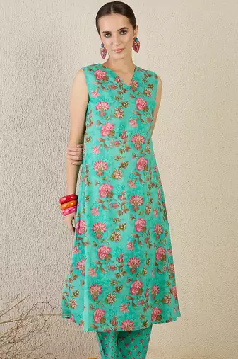 Green printed pure cotton kurta trouser set