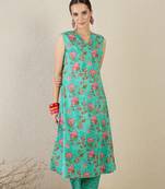 Green printed pure cotton kurta trouser set