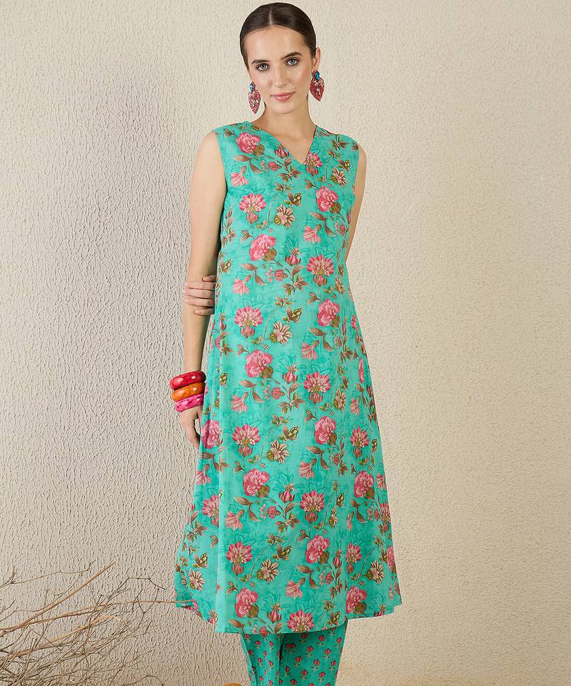 Green printed pure cotton kurta trouser set