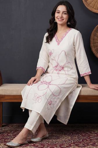 White printed pure cotton kurta trouser set