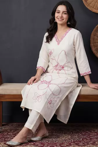 White printed pure cotton kurta trouser set