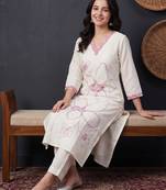 White printed pure cotton kurta trouser set