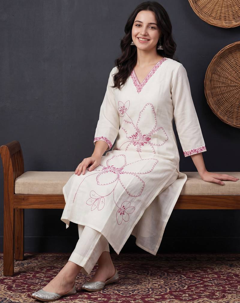 White printed pure cotton kurta trouser set