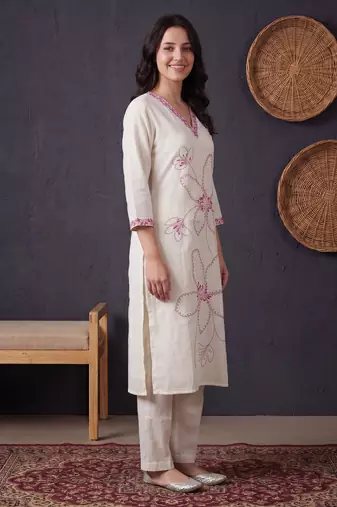White printed pure cotton kurta trouser set