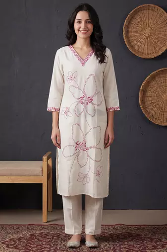White printed pure cotton kurta trouser set