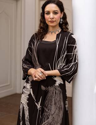Black printed viscose rayon kurta trouser set 1