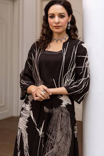 Black printed viscose rayon kurta trouser set