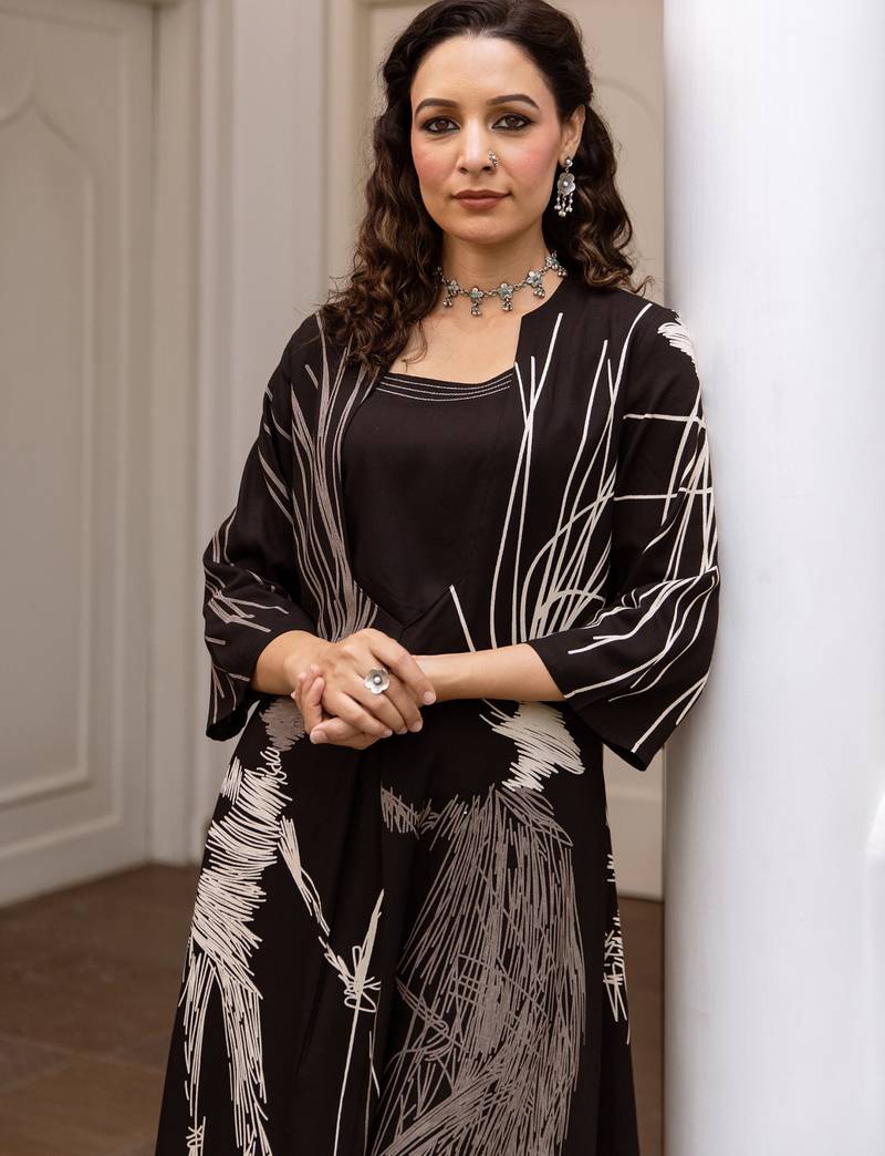 Black printed viscose rayon kurta trouser set