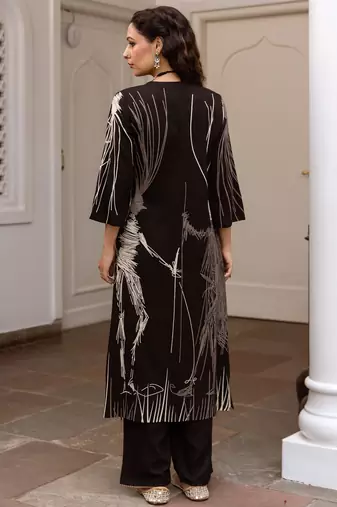 Black printed viscose rayon kurta trouser set