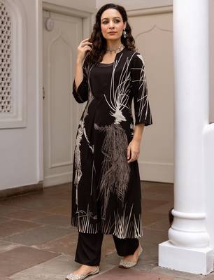 Black printed viscose rayon kurta trouser set 3