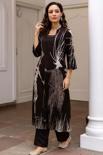 Black printed viscose rayon kurta trouser set