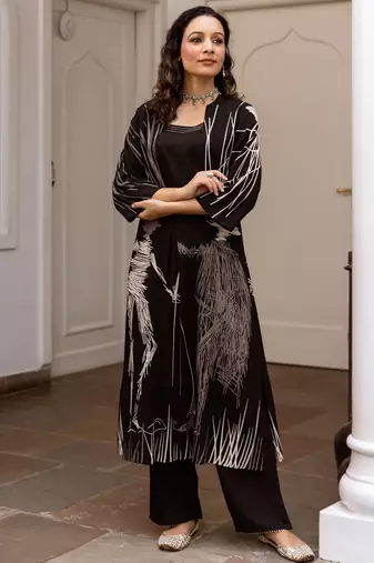 Black printed viscose rayon kurta trouser set