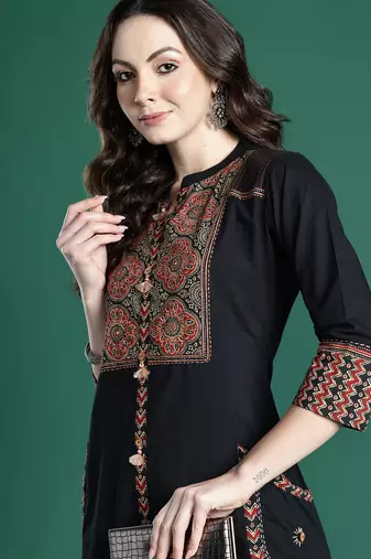 Black printed pure cotton kurta trouser set