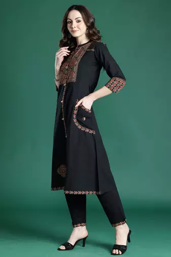 Black printed pure cotton kurta trouser set
