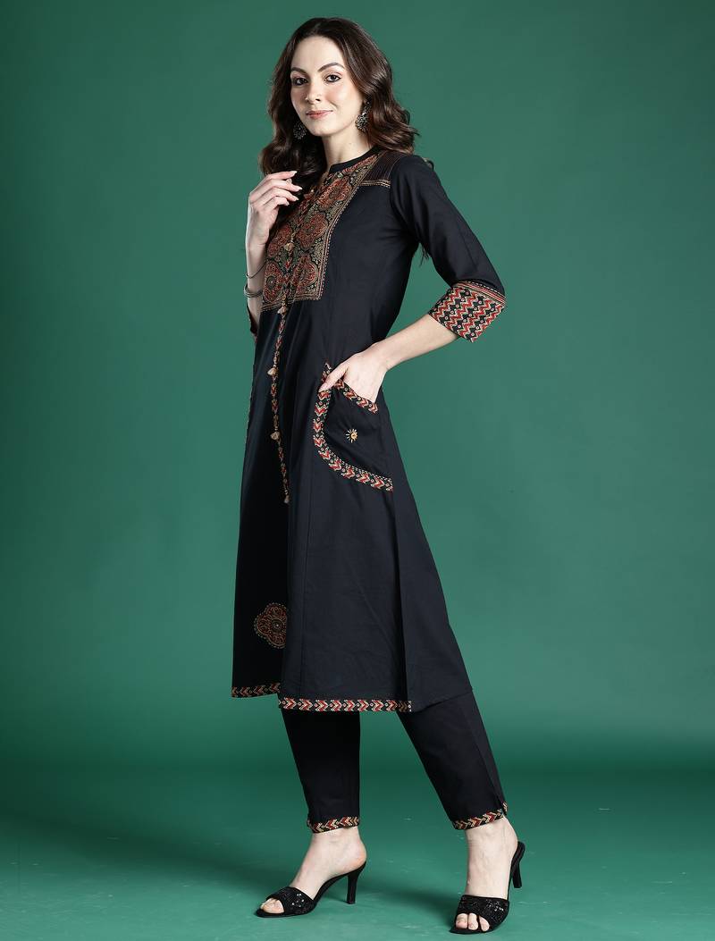 Black printed pure cotton kurta trouser set