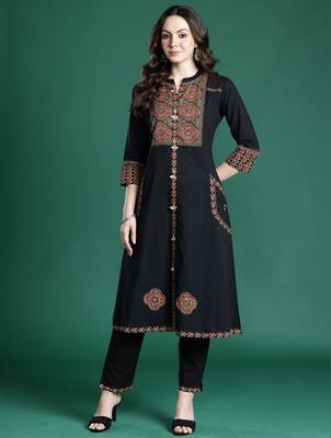 Black printed pure cotton kurta trouser set 4