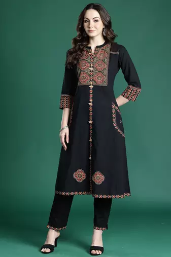 Black printed pure cotton kurta trouser set