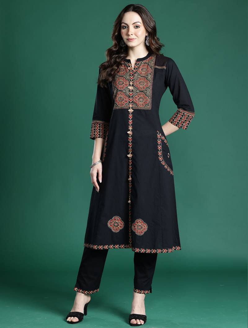 Black printed pure cotton kurta trouser set