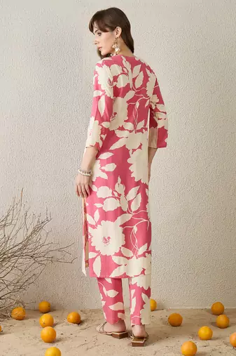 Peach printed viscose rayon kurta trouser set