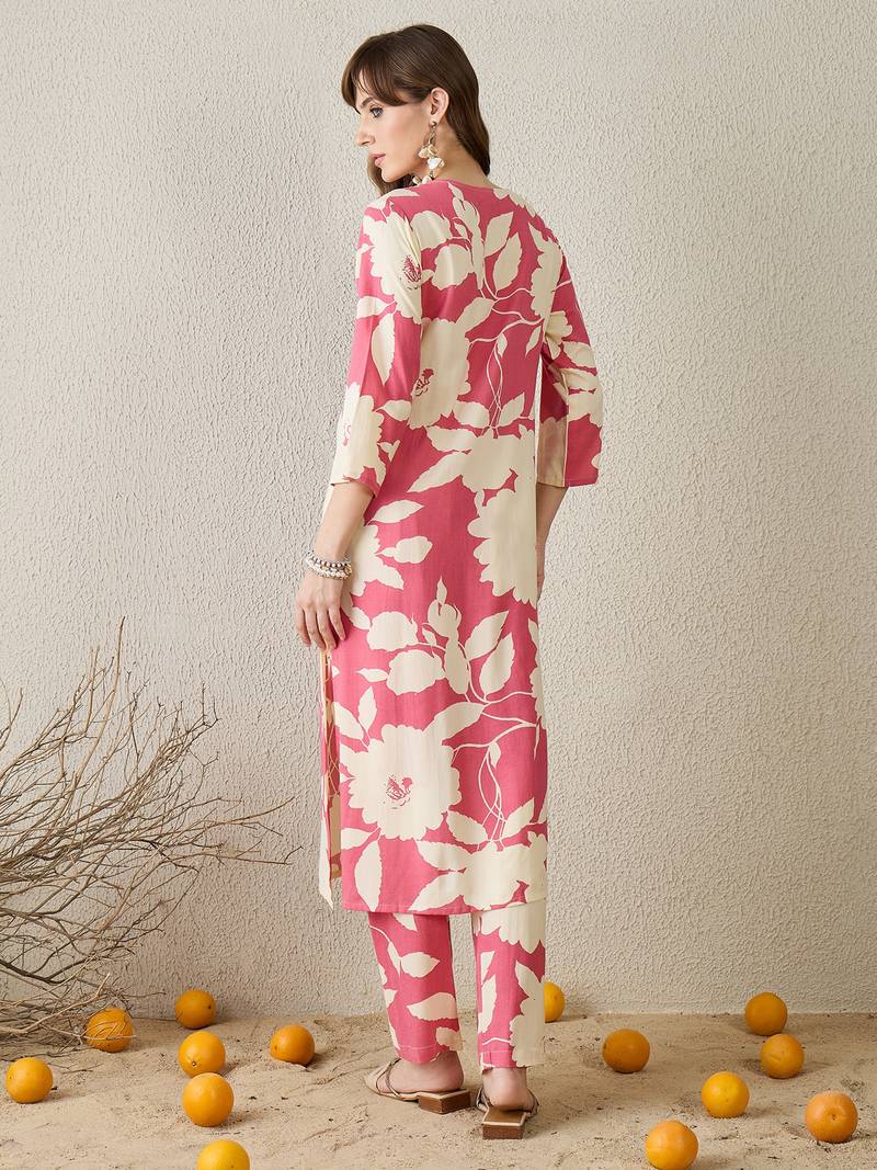 Peach printed viscose rayon kurta trouser set