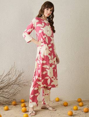 Peach printed viscose rayon kurta trouser set 3