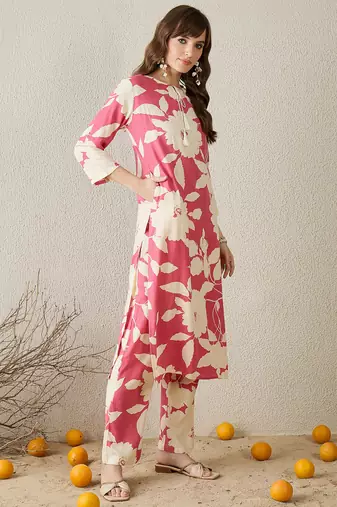 Peach printed viscose rayon kurta trouser set