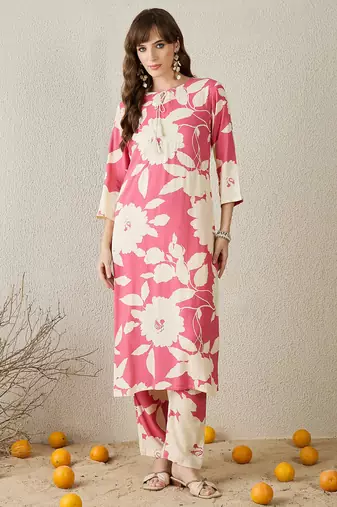 Peach printed viscose rayon kurta trouser set