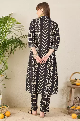 Black printed pure cotton kurta trouser set