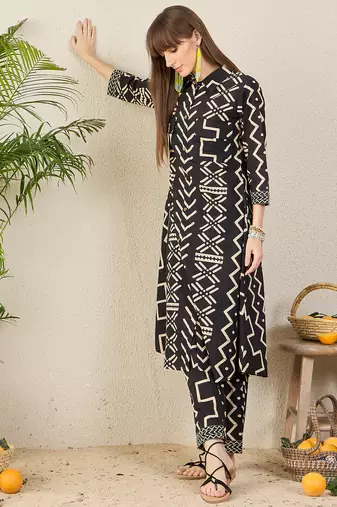 Black printed pure cotton kurta trouser set