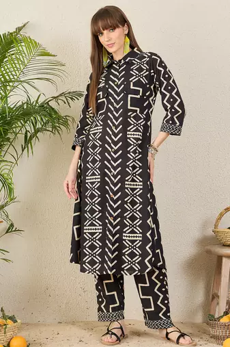 Black printed pure cotton kurta trouser set