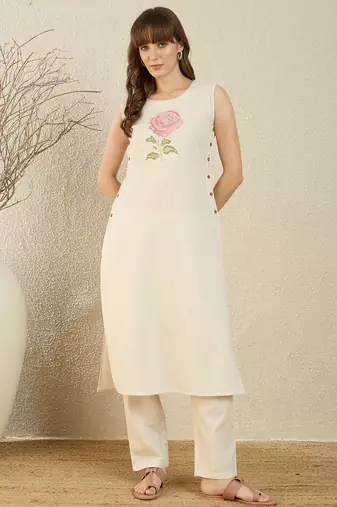 White printed pure cotton kurta trouser set