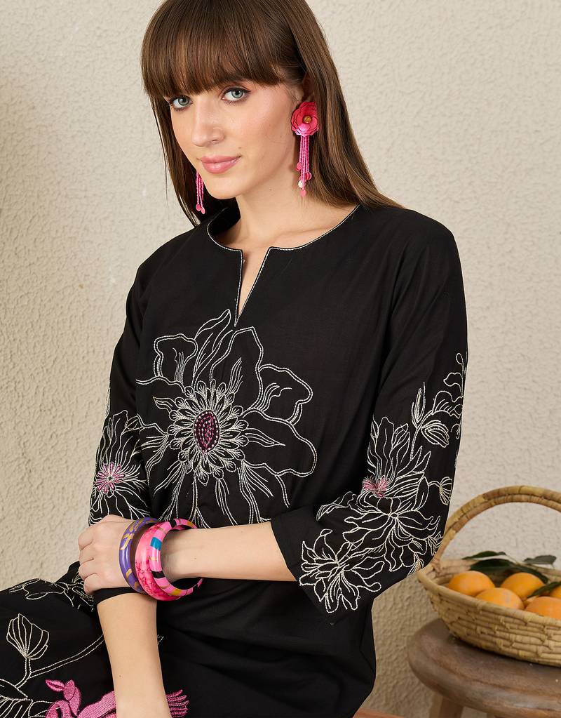 Black embroidered pure cotton kurta trouser set
