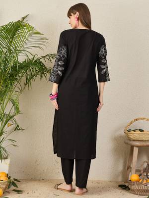 Black embroidered pure cotton kurta trouser set 2