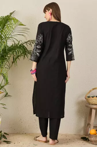 Black embroidered pure cotton kurta trouser set