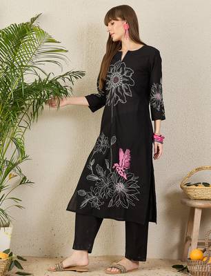 Black embroidered pure cotton kurta trouser set 3
