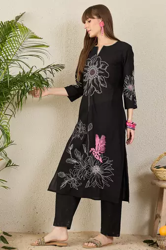 Black embroidered pure cotton kurta trouser set