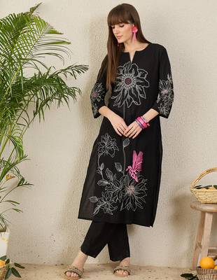 Black embroidered pure cotton kurta trouser set 4