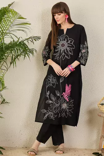Black embroidered pure cotton kurta trouser set
