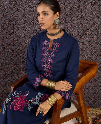 Blue embroidered pure cotton kurta trouser set 1